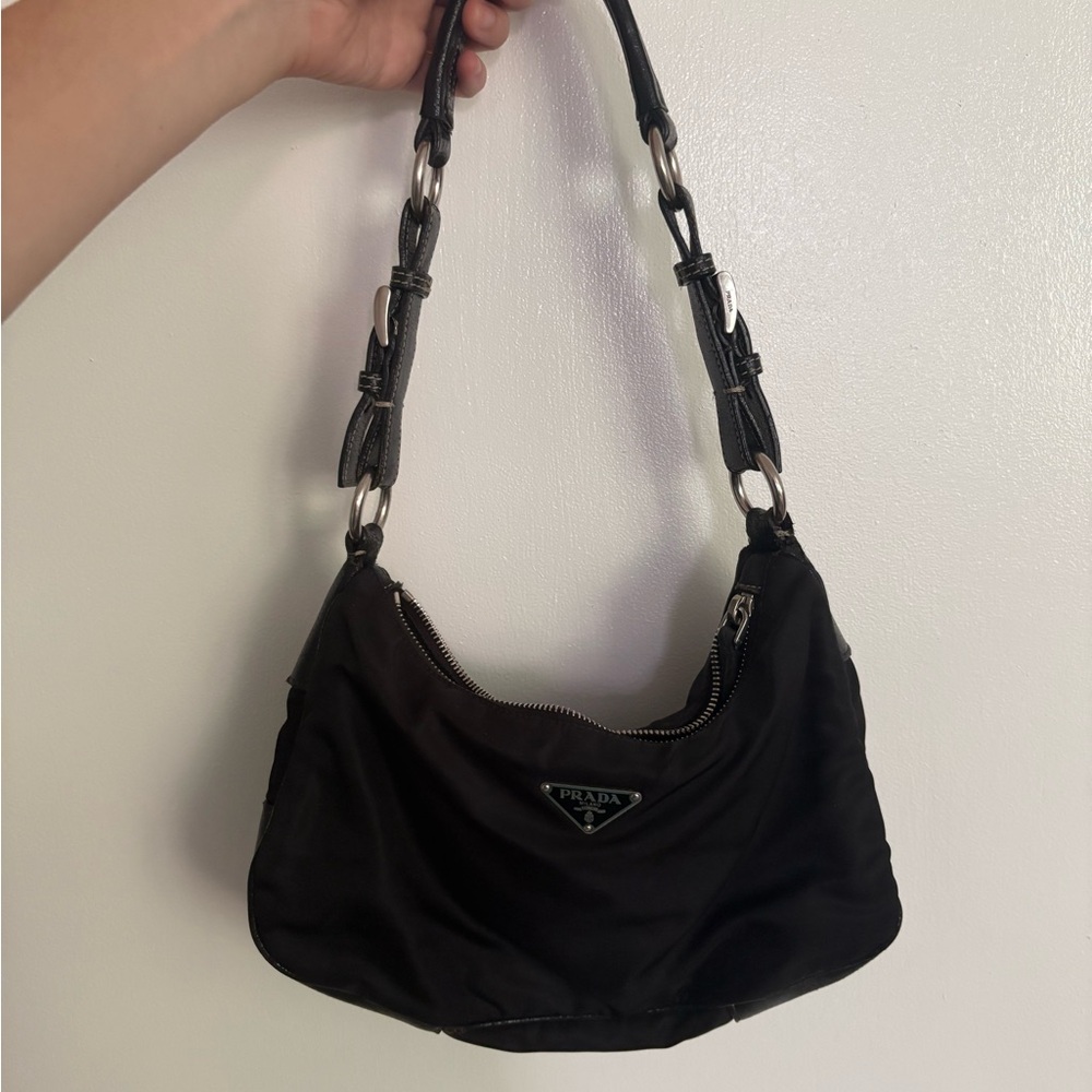 Prada Black Nylon Hobo with Leather Trim and Silver Logo